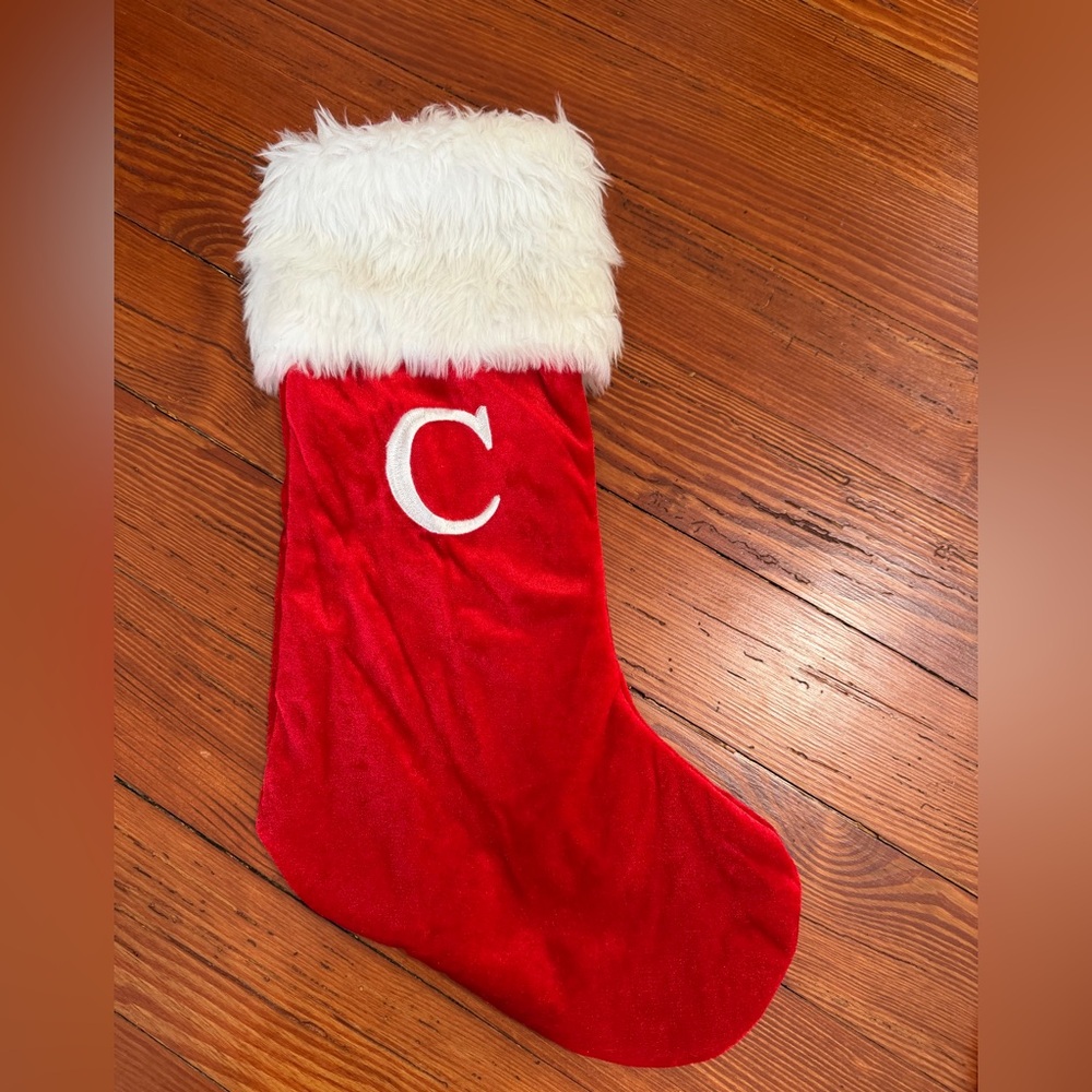 Monogrammed Red Velvet Christmas Stocking with bell on White Cuff - Letter C